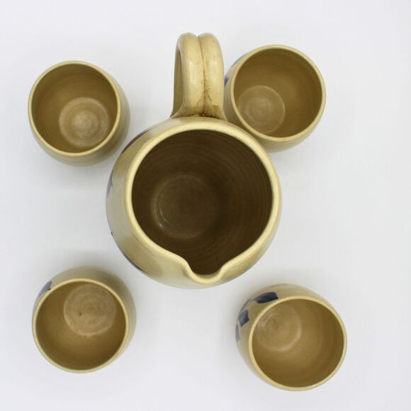 Vintage Williamsburg Pottery Pitcher Set 4 Matching Cups Cobalt Blue Leaf Design - Picture 6 of 7